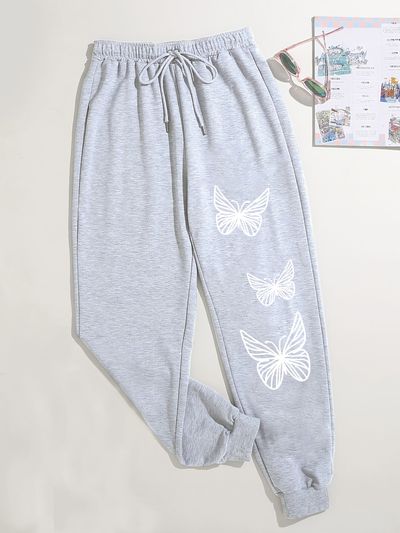Butterfly Print Drawstring Elastic Sweatpants, Solid High Waist Sweatpants, Casual Every Day Pants, Women's Clothing