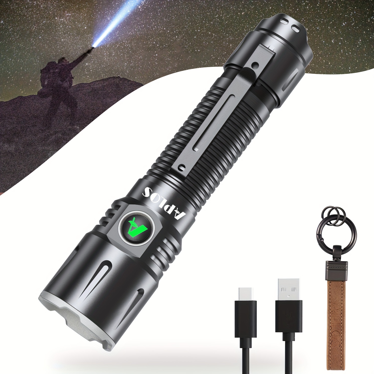 APLOS T02 1800 Lumens Tactical Flashlight, USB-C Rechargeable LED Flashlight  for Emergencies, EDC, Searching