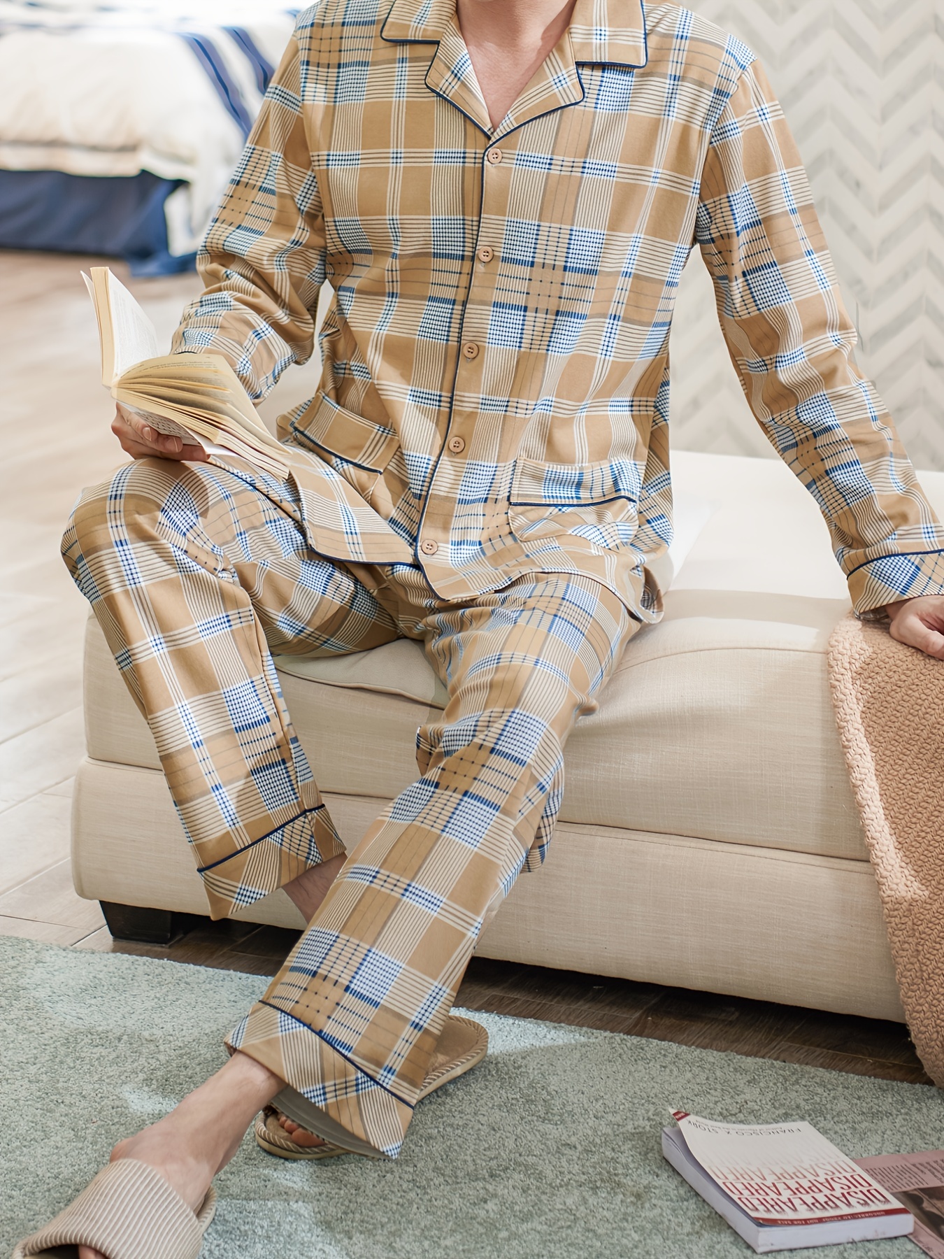 Conjunto de pijama de ropa de dormir de algodón para hombre, camisa y  pantalones con botones a cuadros, ropa de salón para hombre