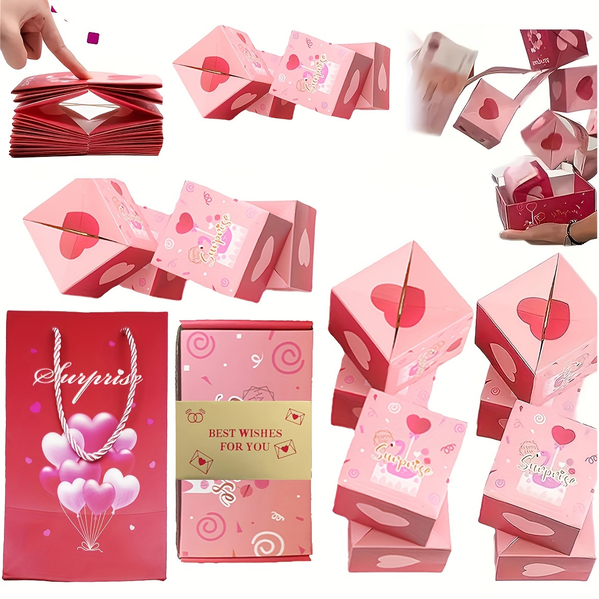  Caja sorpresa, caja de regalo única plegable con sobre rojo,  caja de regalo explosiva para regalos, caja de regalo en efectivo y  explosión (20 cubos desplegables, los mejores deseos para ti) 