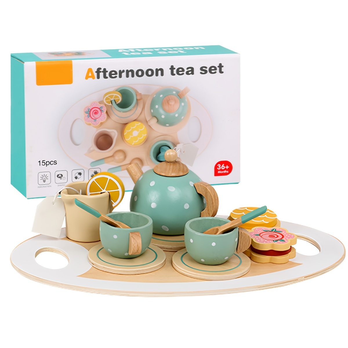  BUYGER Wooden Tea Party Set for Little Girls, Kids Wooden  Kitchen Sets Play Food Accessories with Teapot Tea Cup Dessert Toys Tea Set  Pretend Play Gifts for Kids Girls Toddler 3-5