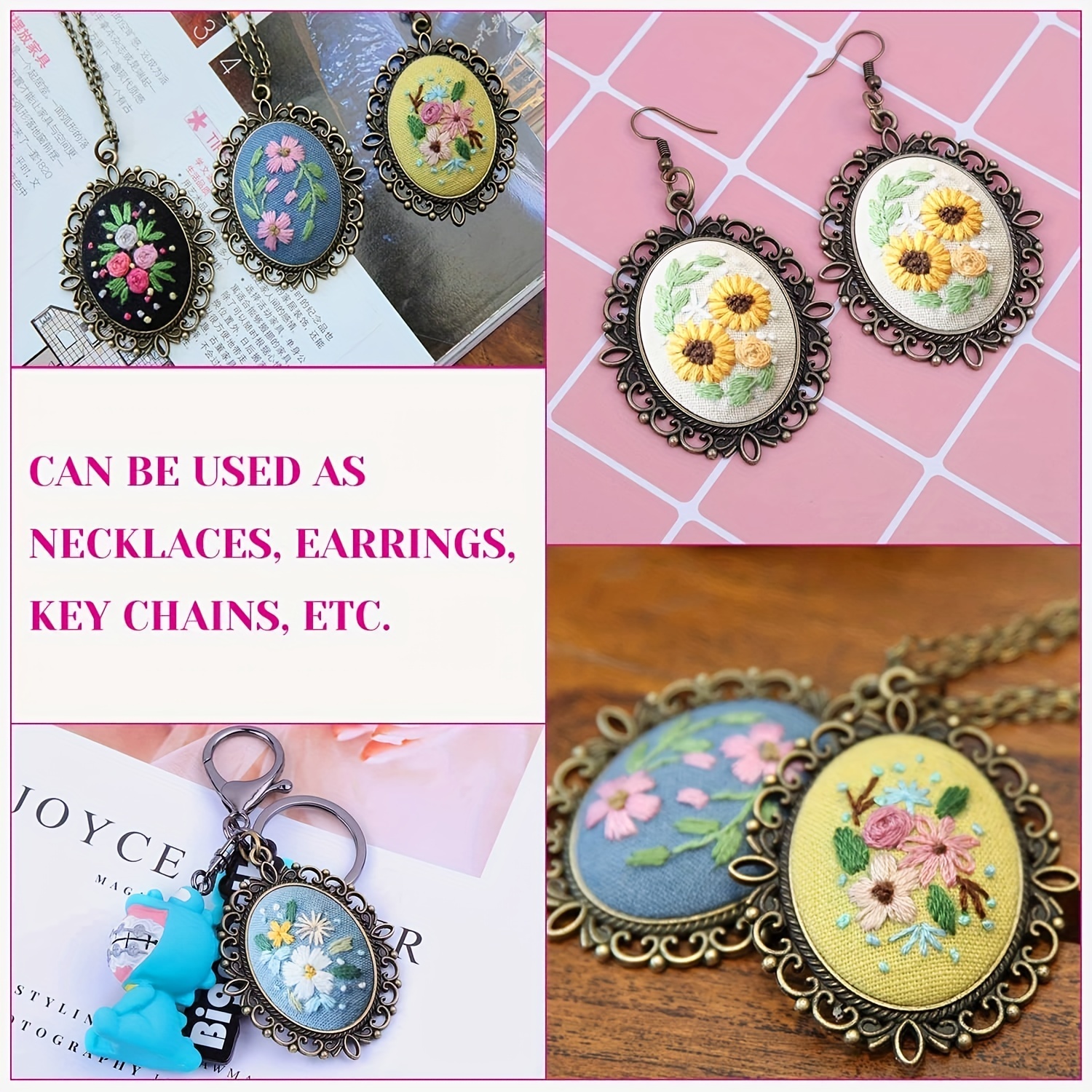 Cross Stitch Necklace Embroidery Necklace Floral Pendant 