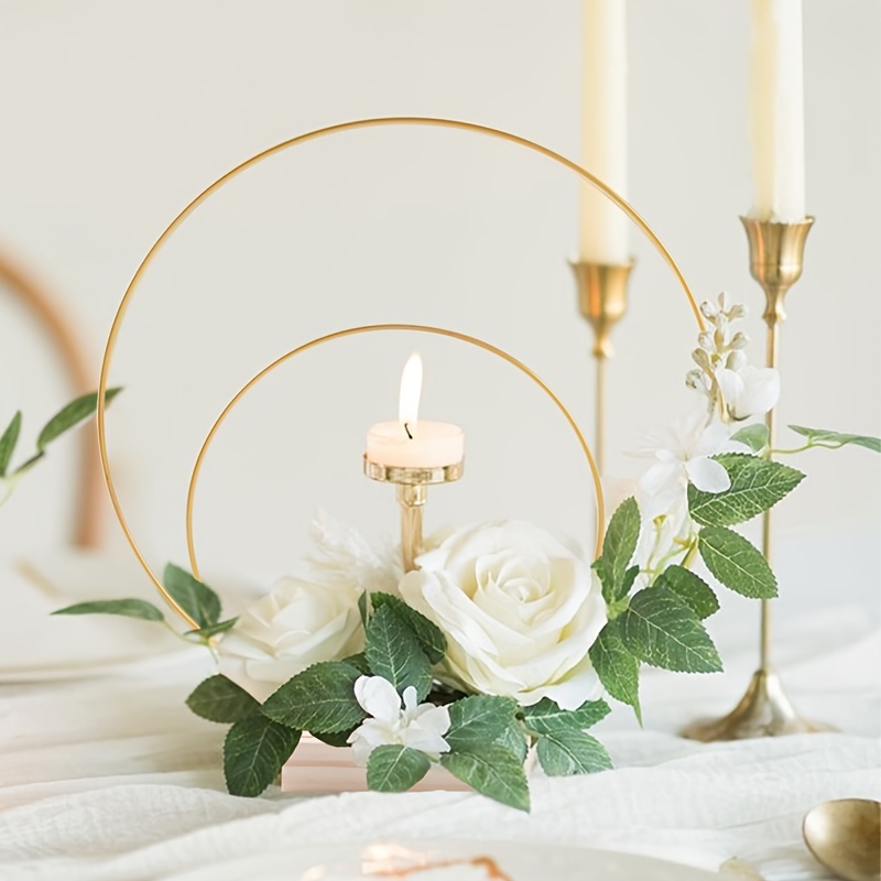 

1pc, Metal Floral Hoop Centerpiece Golden For Diy Wedding Table Decor Golden Metal Floral Ring Hoops With Wooden Base For Home Decor, Room Decor, Scene Decor Double Layer Wreath