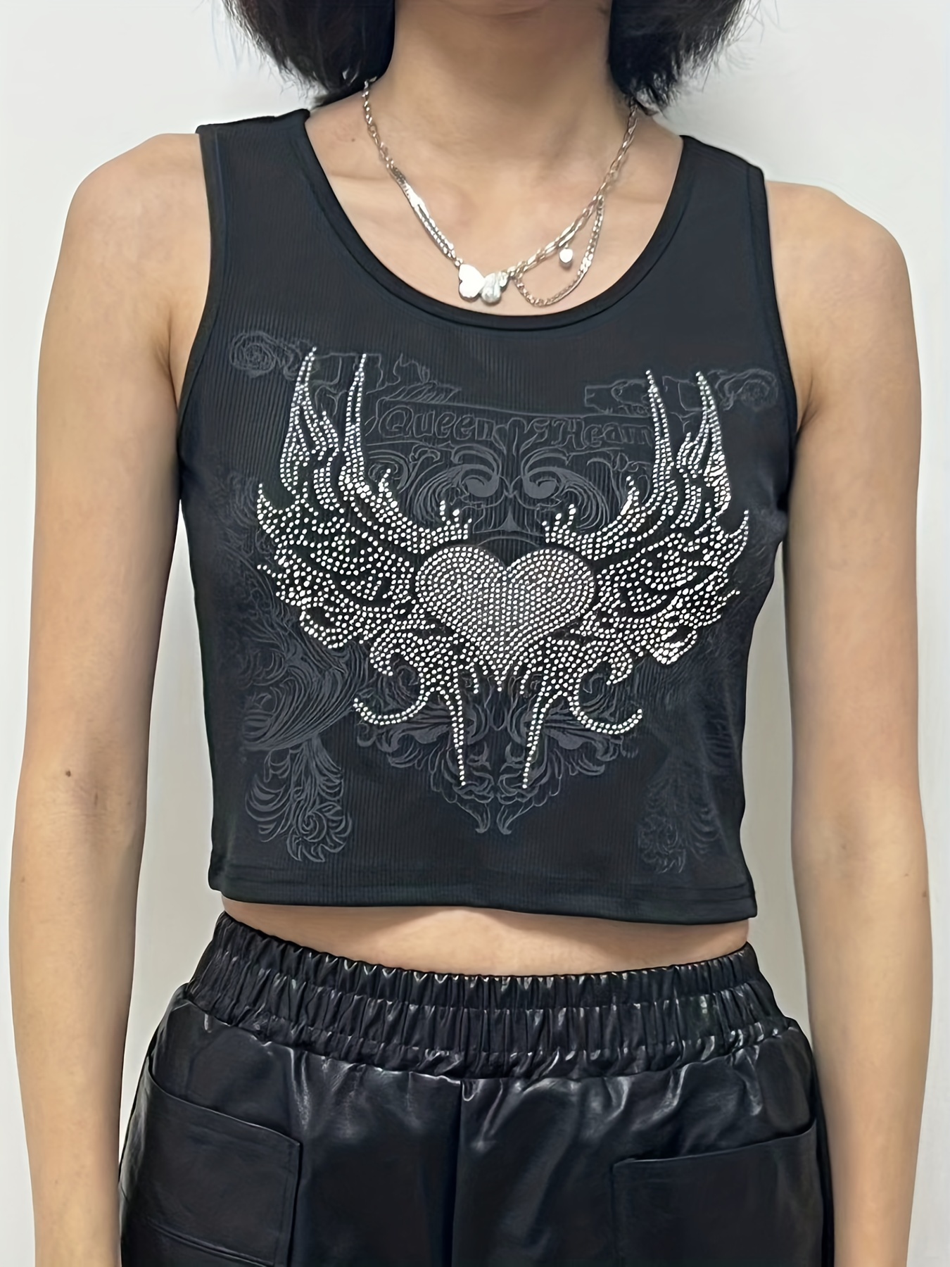 Rhinestone Winged Heart Ribbed Cropped Tank Top