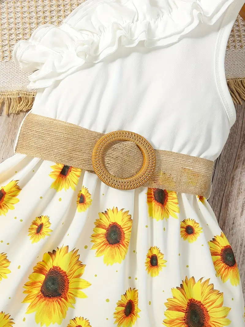 toddler girls asymmetrical neck ruffle trim one shoulder sunflower graphic belted princess dress for party beach vacation kids summer clothes details 25