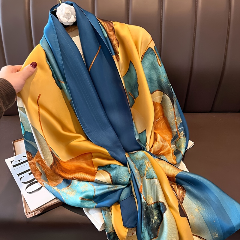 

Ginkgo Leaf Print Large Scarf Blue Elegant Imitation Silk Shawl Casual Sunscreen Windproof Head Wraps Satin Scarves For Women