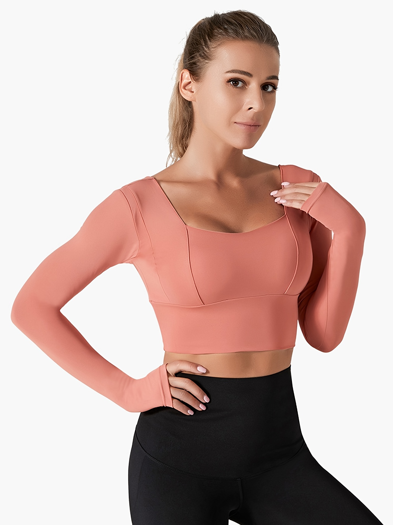 Solid Color Long Sleeve Short T shirt Sports Fitness Yoga - Temu