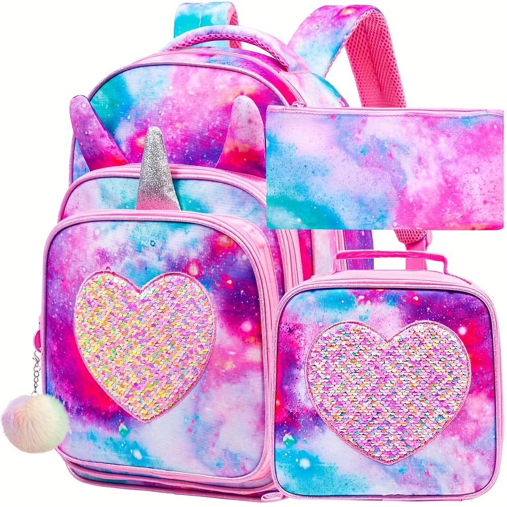 4 unidades/set, mochila escolar con lentejuelas y diseño de corazón para  niñas y niños, con lonchera, cartuchera y llavero de pompón, accesorios de  re