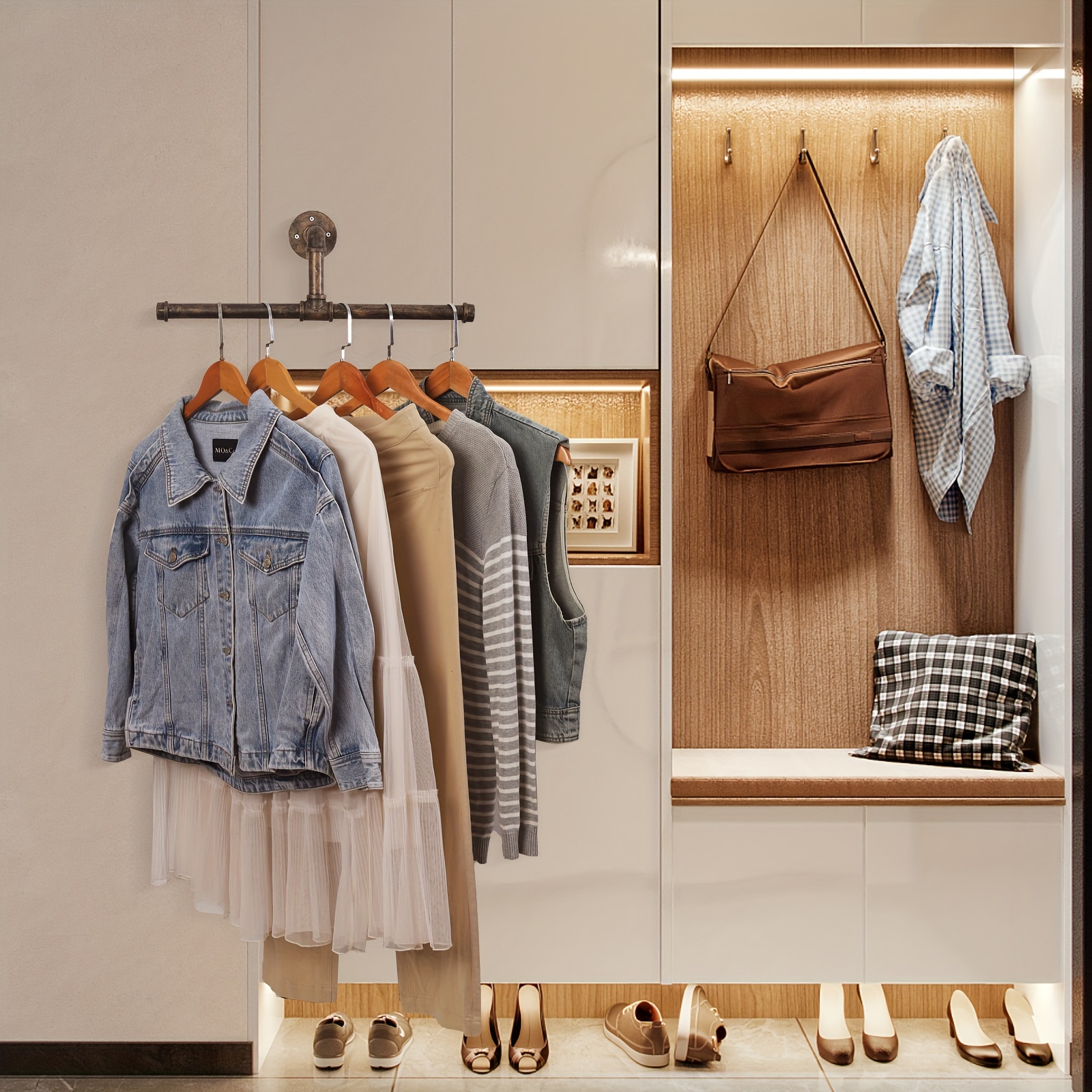 Shelf with clothing online bar