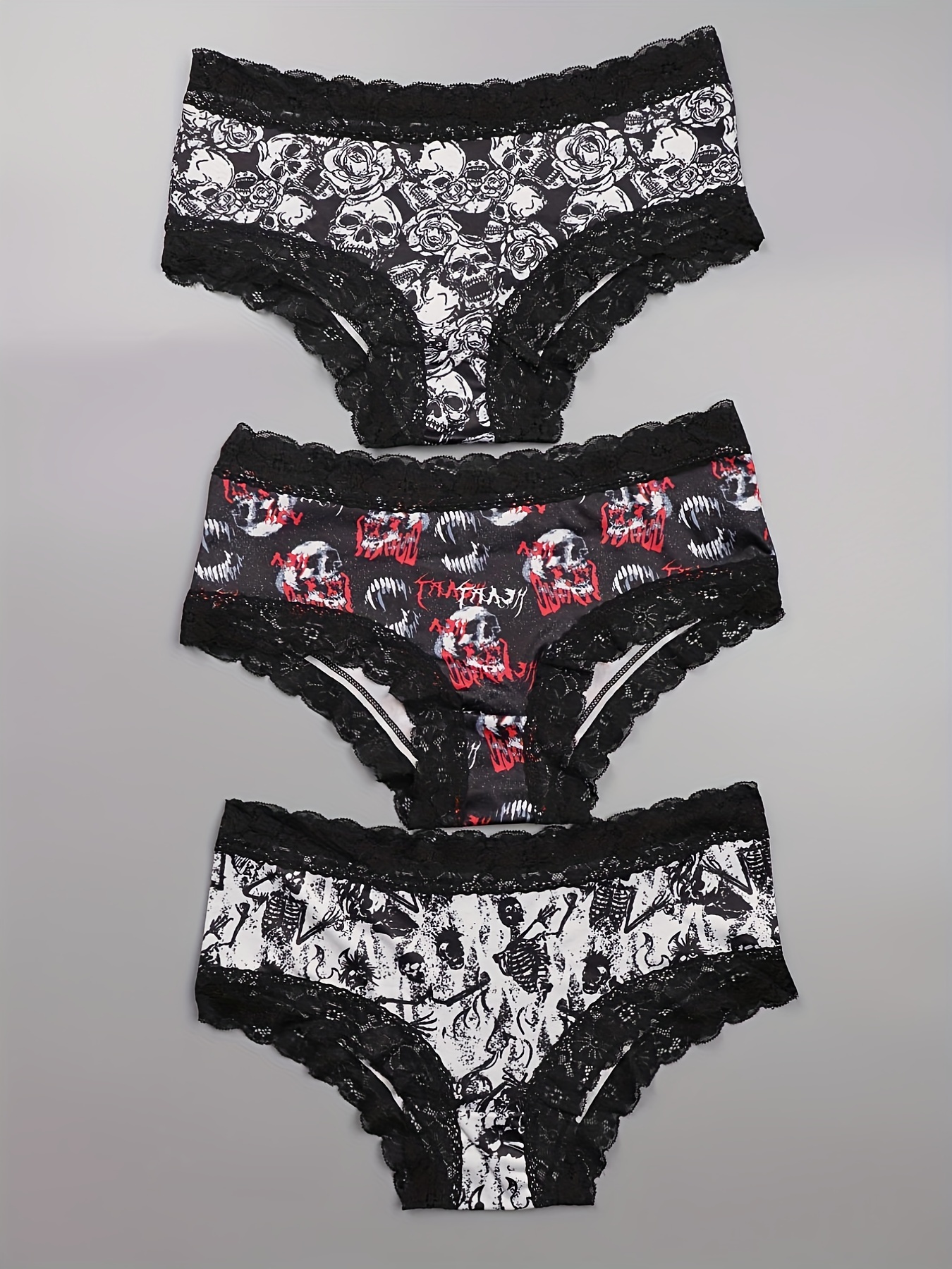 3 Pack Plus Size Halloween Sexy Panties Set, Women's Plus Skull & Star  Print Contrast Lace Trim Low Rise Bikini Underwear 3pcs Set