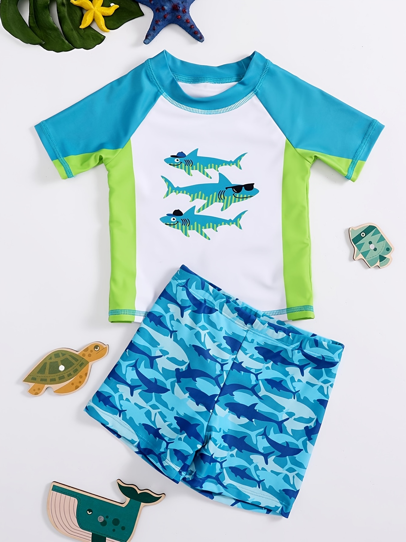 Boy's Cartoon Shark Pattern Swimsuit T shirt Swimming - Temu