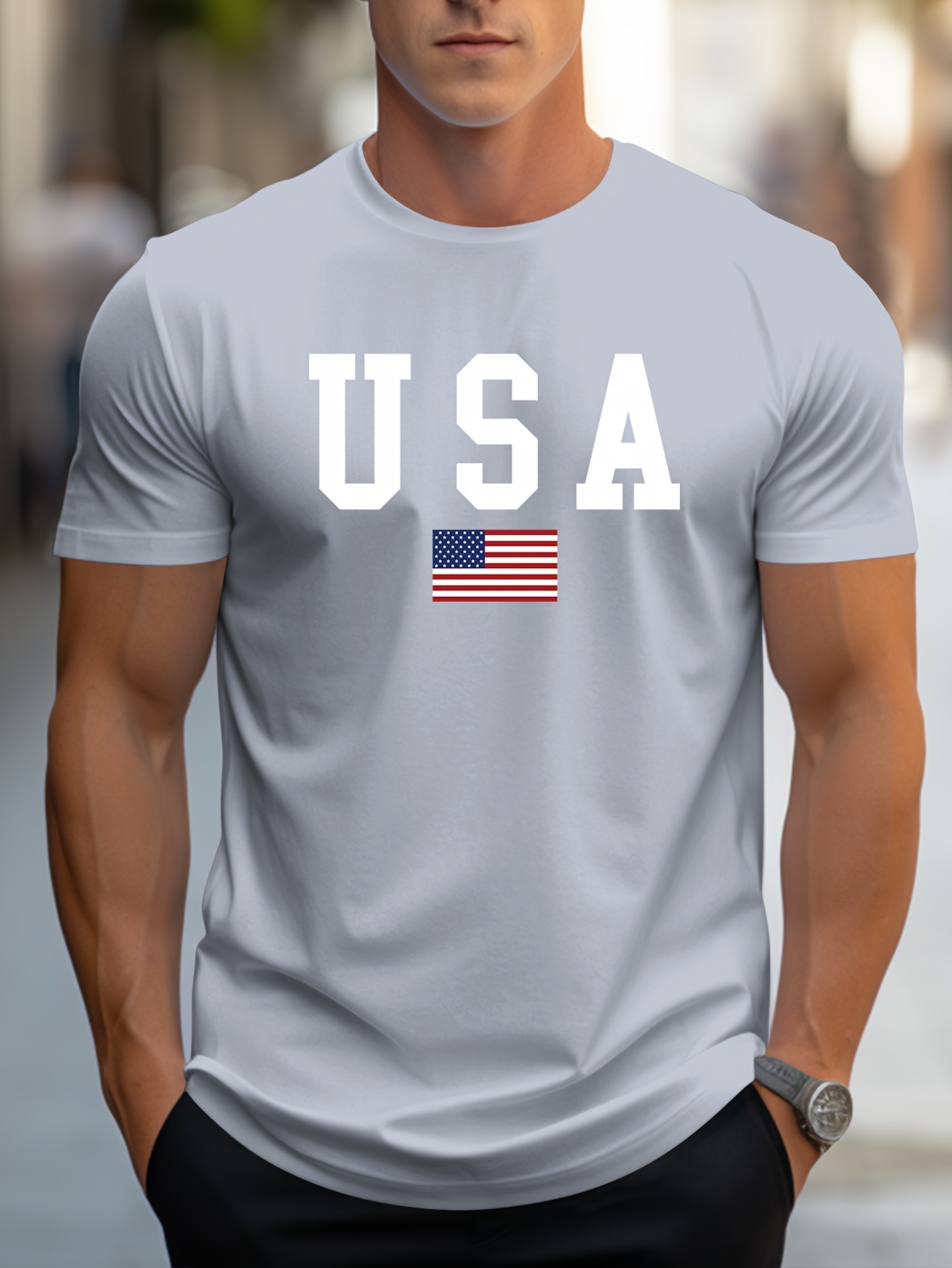 crew neck usa print mens fashionable summer short sleeve sports t shirt comfortable and versatile grey 0
