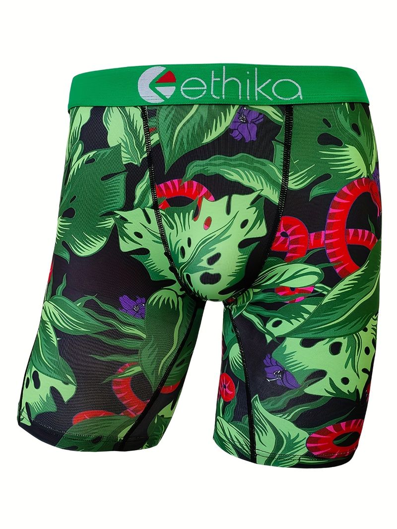Men's Tropical Plants Print Breathable Boxer Briefs, Novelty Comfortable High Elastic Underwear details 2