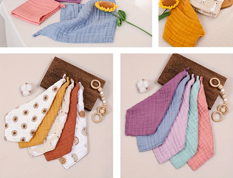 5pcs set bamboo muslin square towels 4 layer soft face towel cute print burp cloth details 9