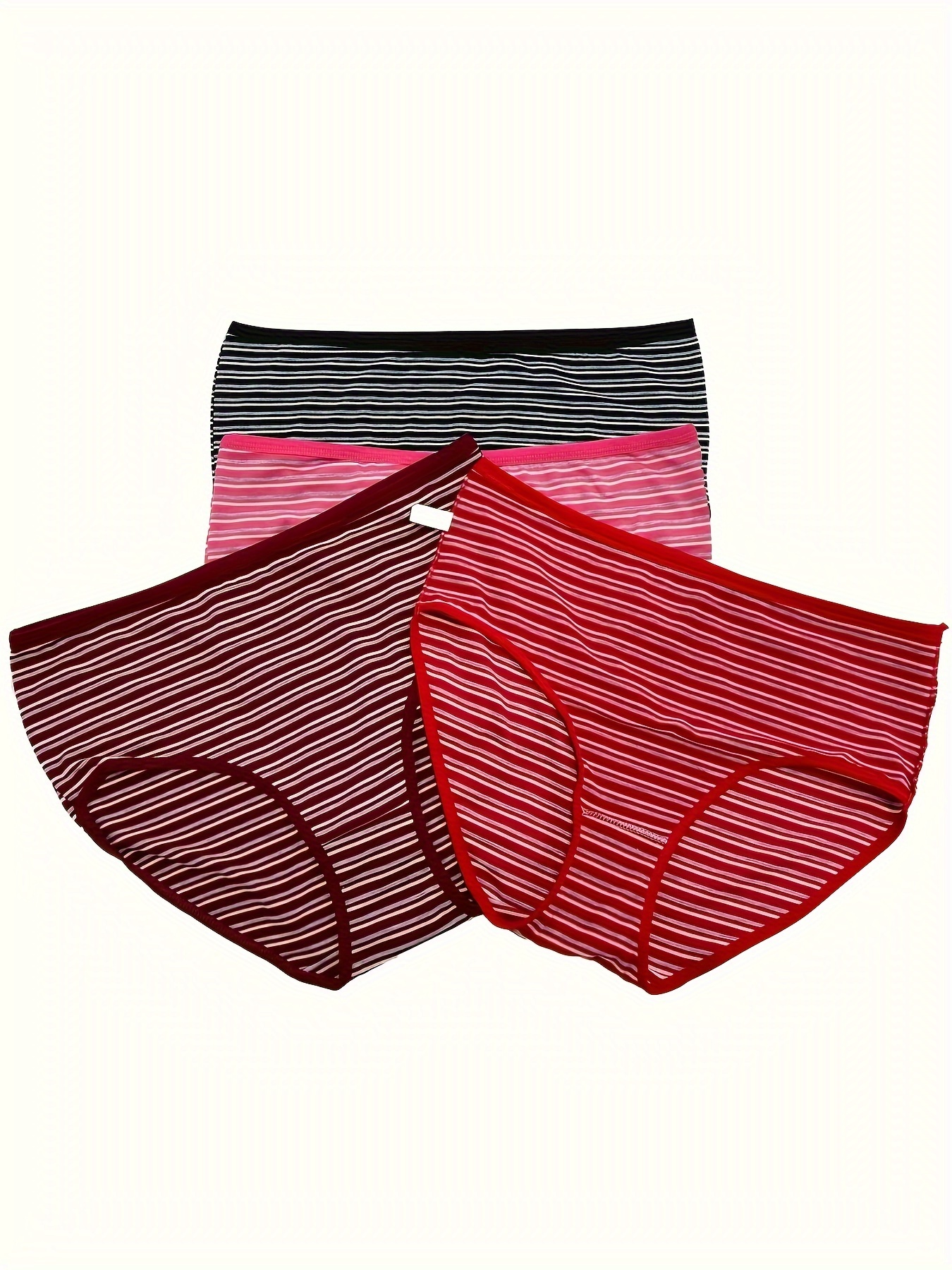 4pcs Women's Simple Panties Set, Plus Size Striped Print Contrast Binding  Stretchy Briefs