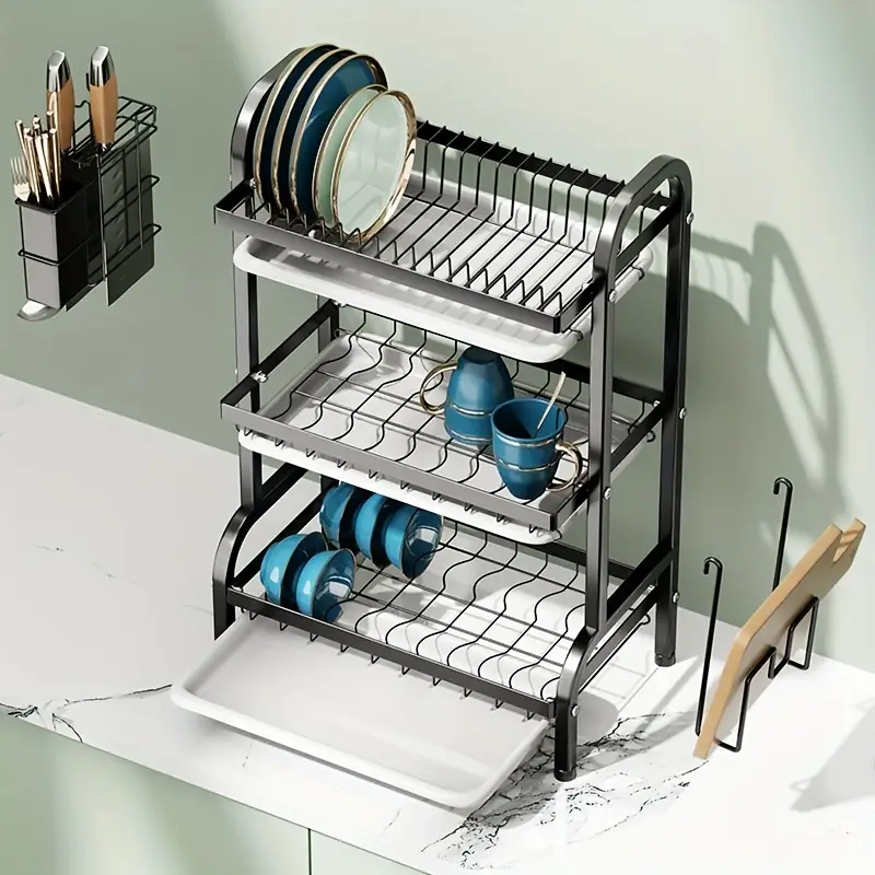 Kitchen Dish Drying Rack, Tableware And Seasoning Rack, 3-tier
