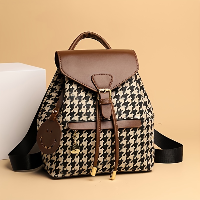 Houndstooth Backpack Women's Travel Bag With Pendant on Our Store