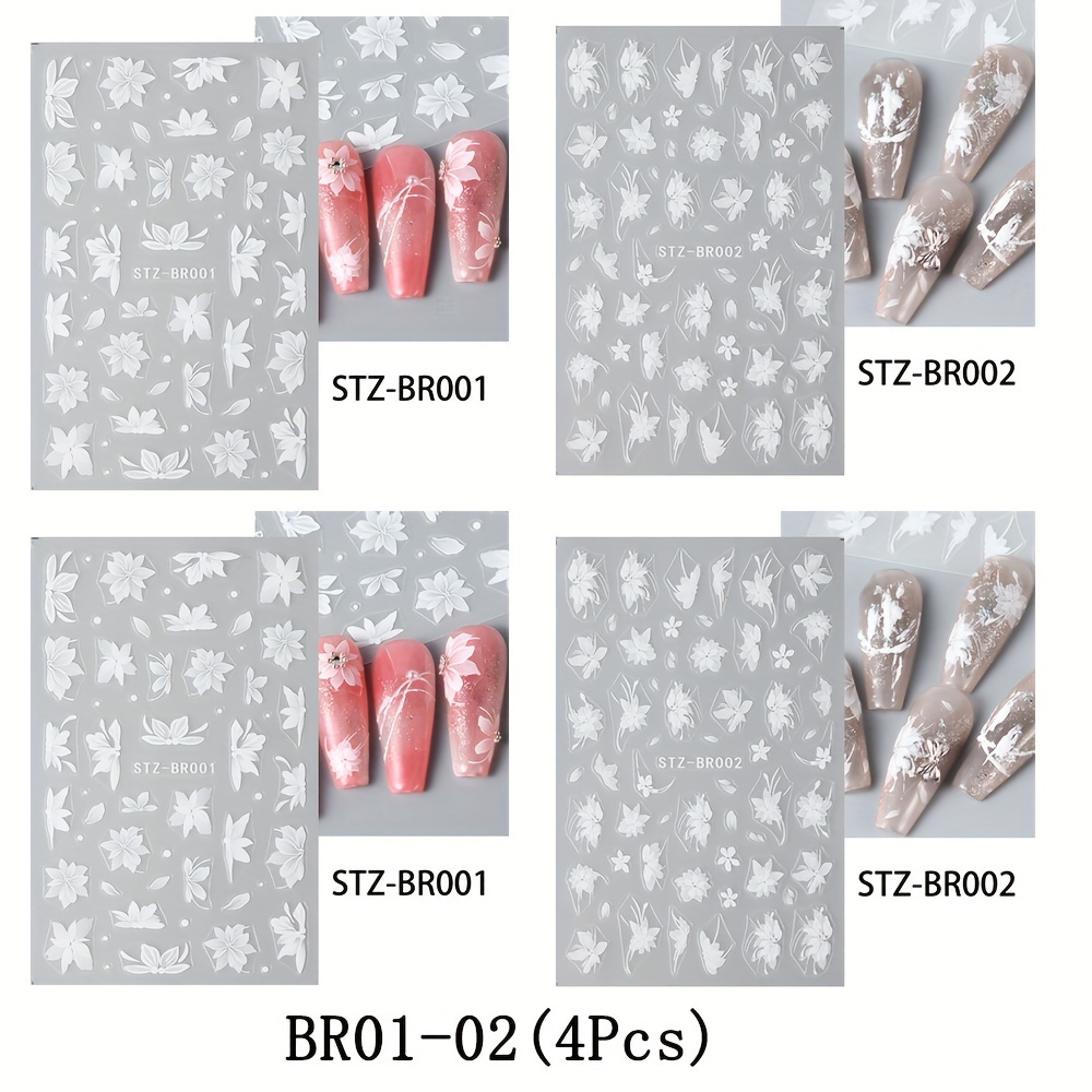 Image of A Set Of 4 Floral Nail Art Stickers Featuring Elegant And Delicate Translucent Five-petal Flowers, Self-adhesive Acrylic Nail Decorations, Perfect For Women's And ' Nail Art Supplies