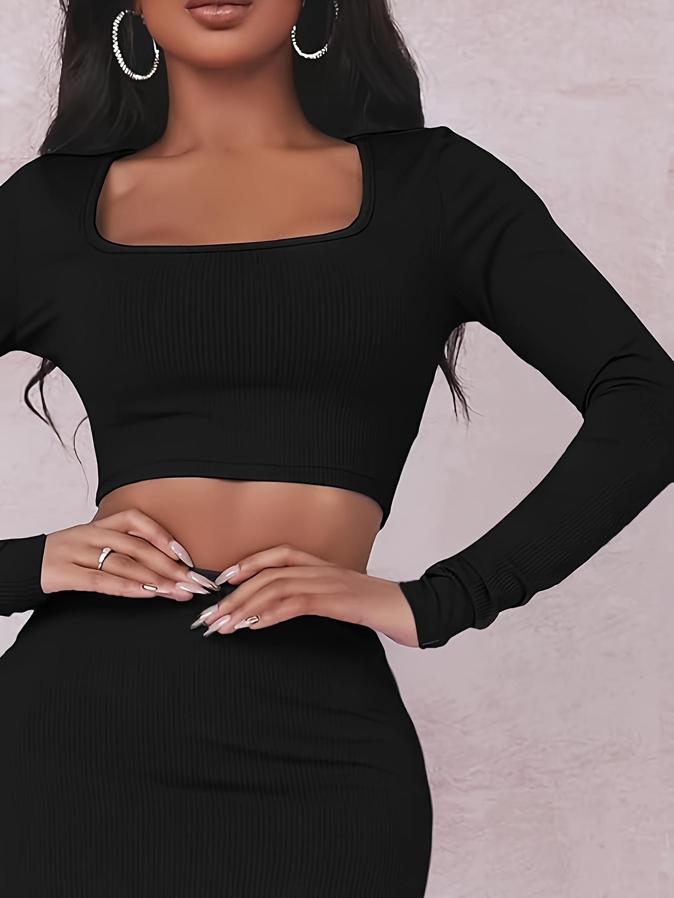 Sosana - Long Sleeve Square-Neck Mock Two Piece Crop Top