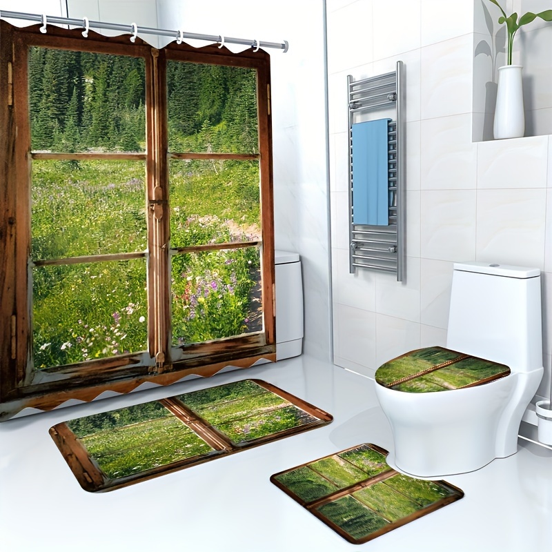 4pcs Landscape Print Shower Curtain Set, Bathroom Rug, U-Shape Mat, Toilet  Lid Pad, Waterproof Curtain Including 12 Hooks, 70.8x70.8/180x180cm, Aesth