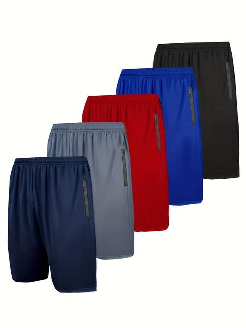 5pcs mens zipper pockets active shorts chic stretch quick drying comfy breathable sports shorts for basketball fitness