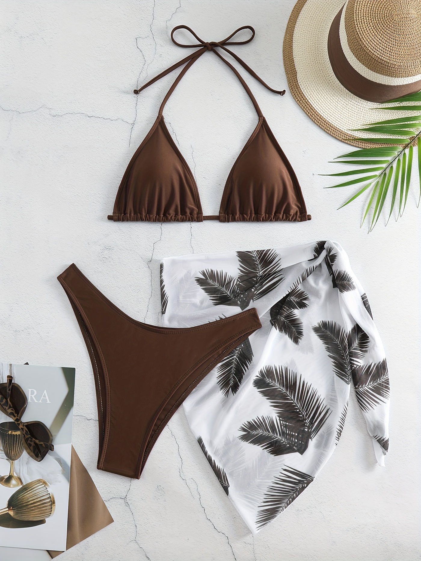 Solid Brown Ruched Texture Fabric Bikini Top Scoop Neck - Temu Canada