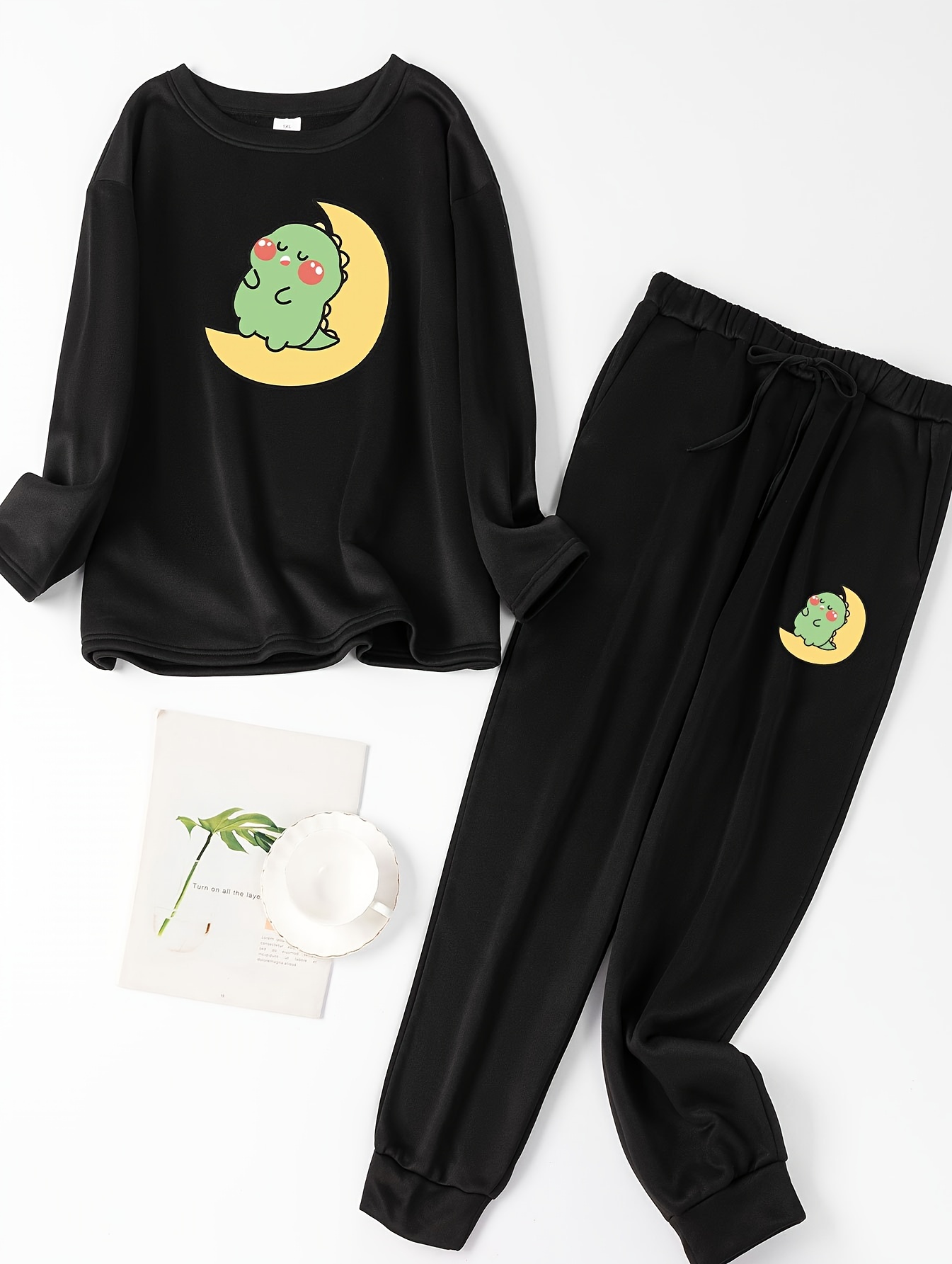 Cartoon Dinosaur Print Pajama Set Long Sleeve Crew Neck Top - Temu