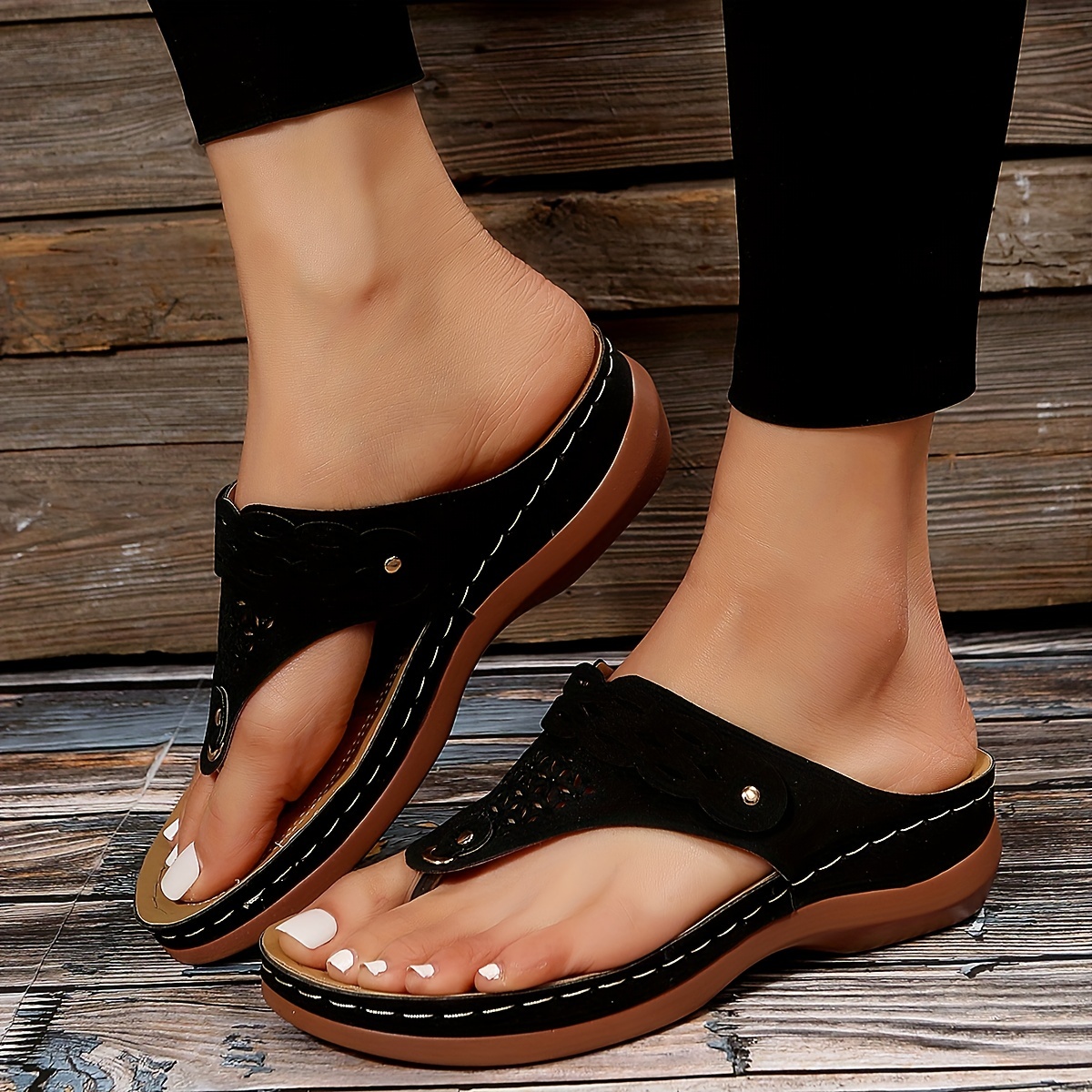 Women's Flat Flip Flops Solid Color Open Toe Faux Leather - Temu