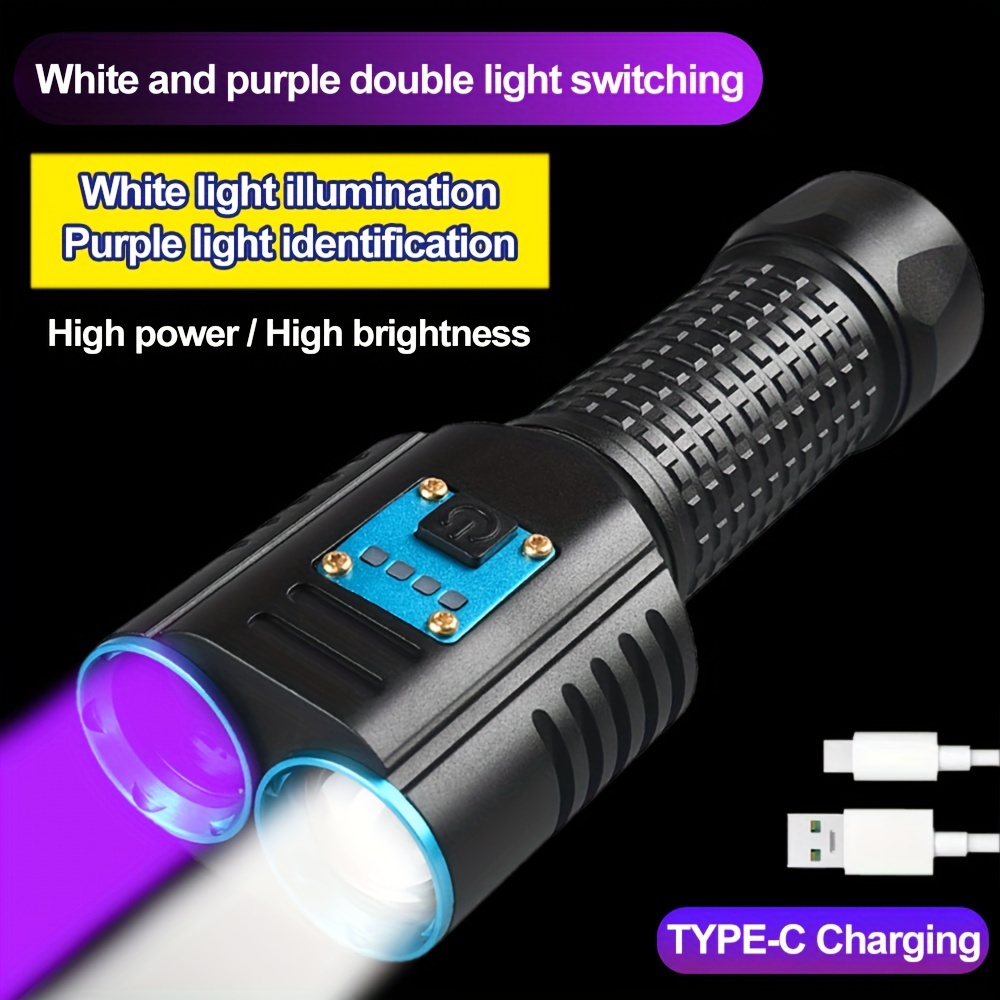 Linterna de luz UV 365nm USB recargable ultravioleta LED lámpara de madera  portátil para detección de orina de gato manchas secas, vidrio de uranio
