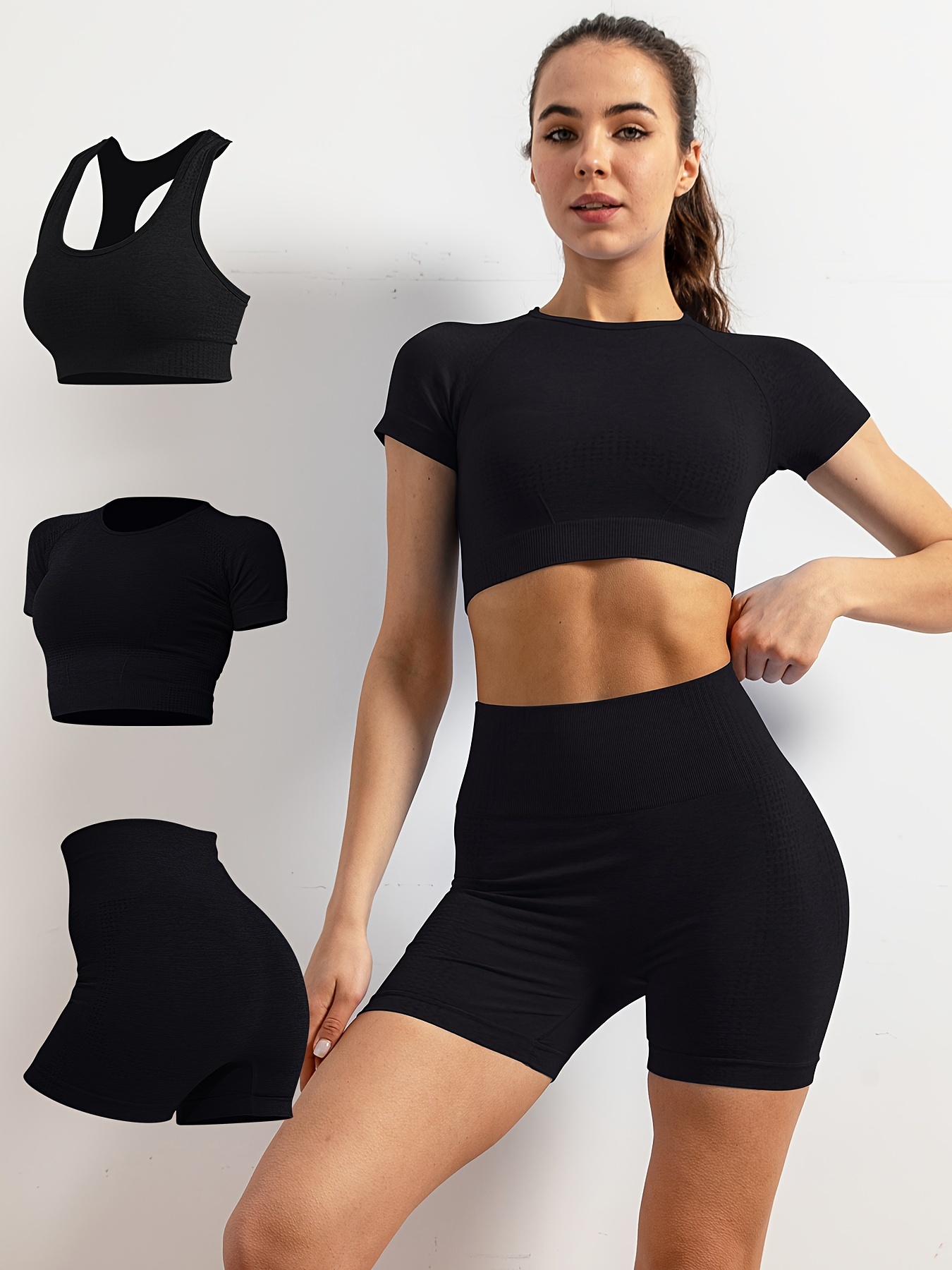 Women Gym Clothes Sports Set Black Short Sleeves Top and full