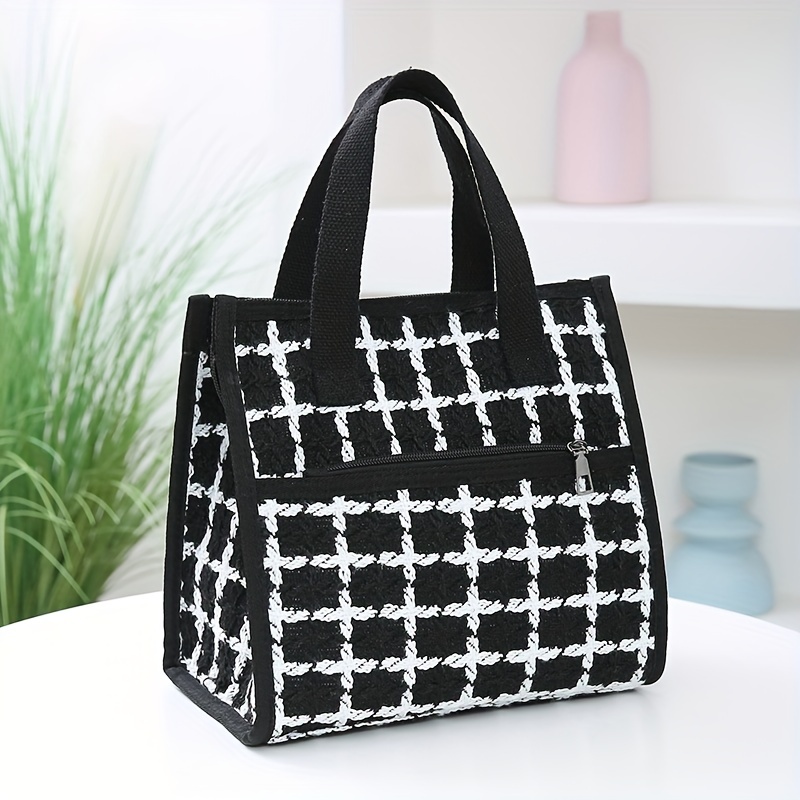 Black And White Checkered Handbags Insulted Lunch Box Bag - Temu