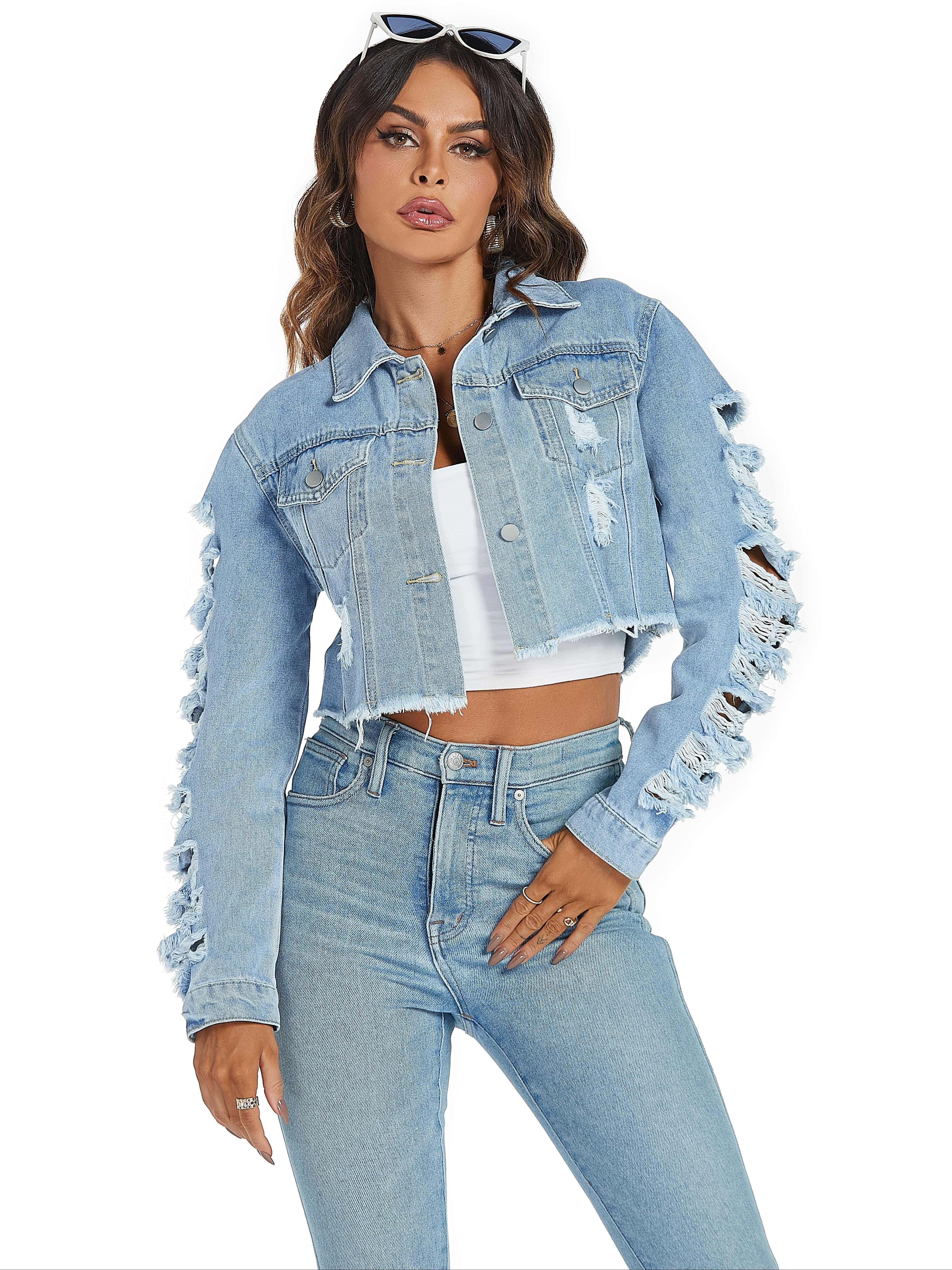 Veste courte en jeans bleue à trous