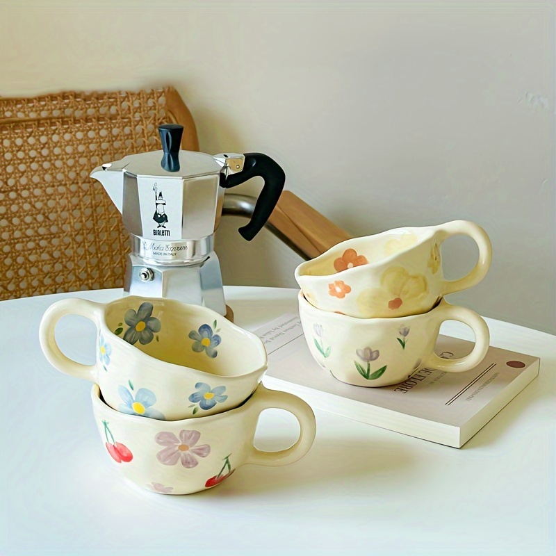 

1pc Irregular Ceramic Mug Coffee Cup Oatmeal Breakfast Cup Cute Small Flower Pattern Mug Gift For Friends Families For Restaurants Eid Al-adha Mubarak