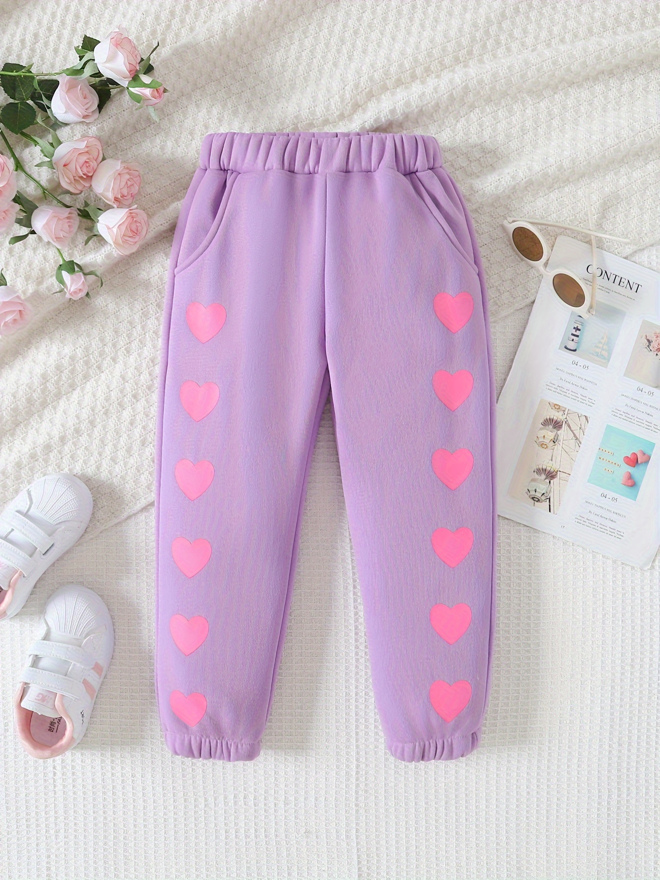 Girls Hearts Print Wide Leg Casual Pants Trousers Breathable - Temu