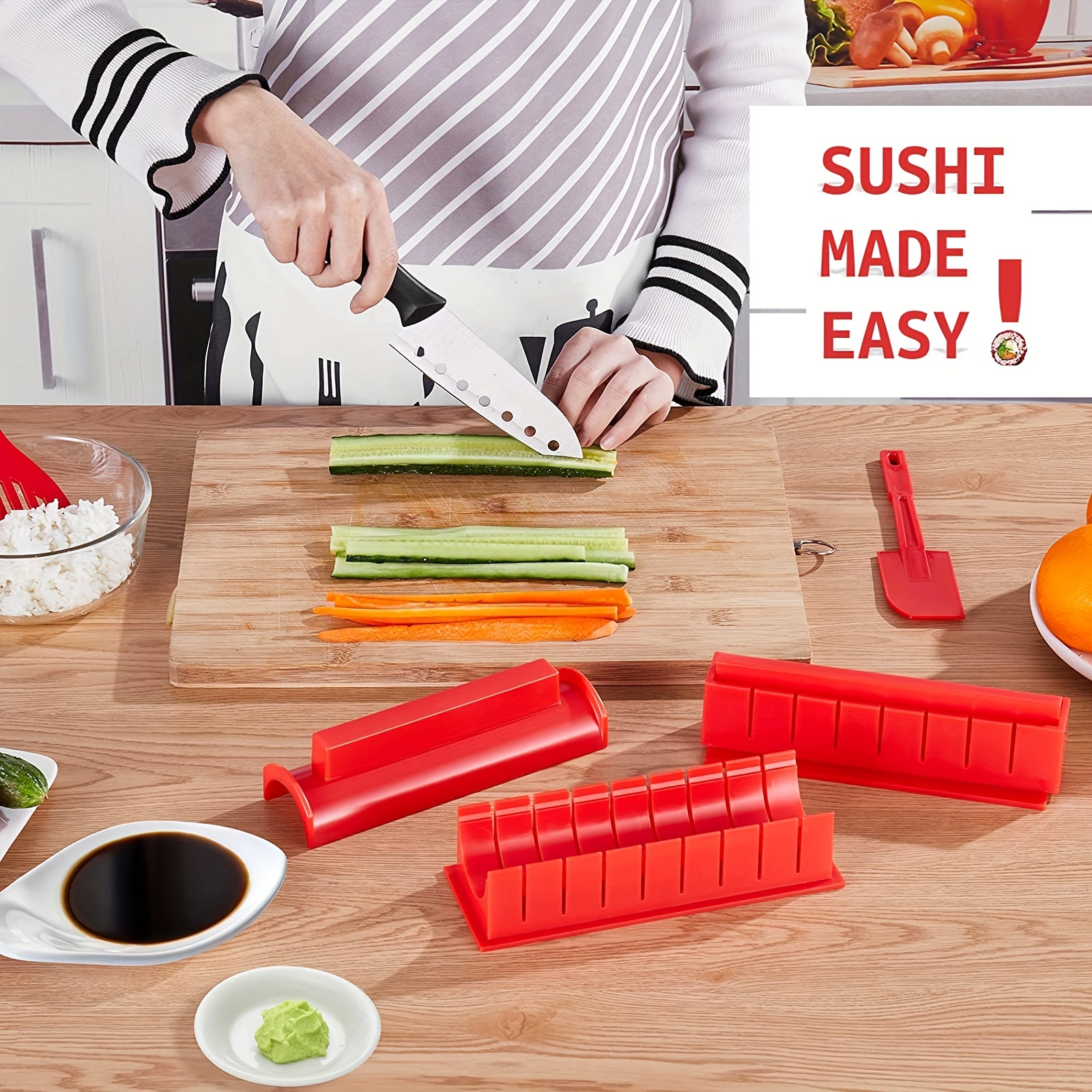 Sushi Making Kit 11 Pieces With 8 Different Sushi Maker Mold Diy Sushi Kit  For Beginners Kids 1 Sushi Knife 1 Spatula 1 Fork, Red