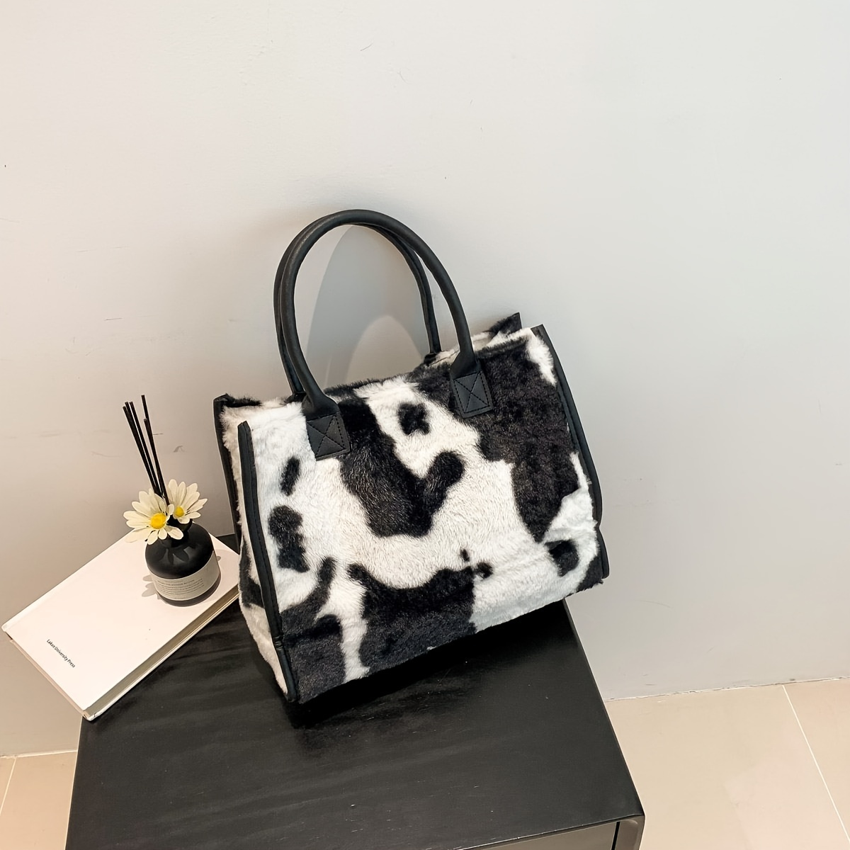 Fluffy cow print tote bag hot sale