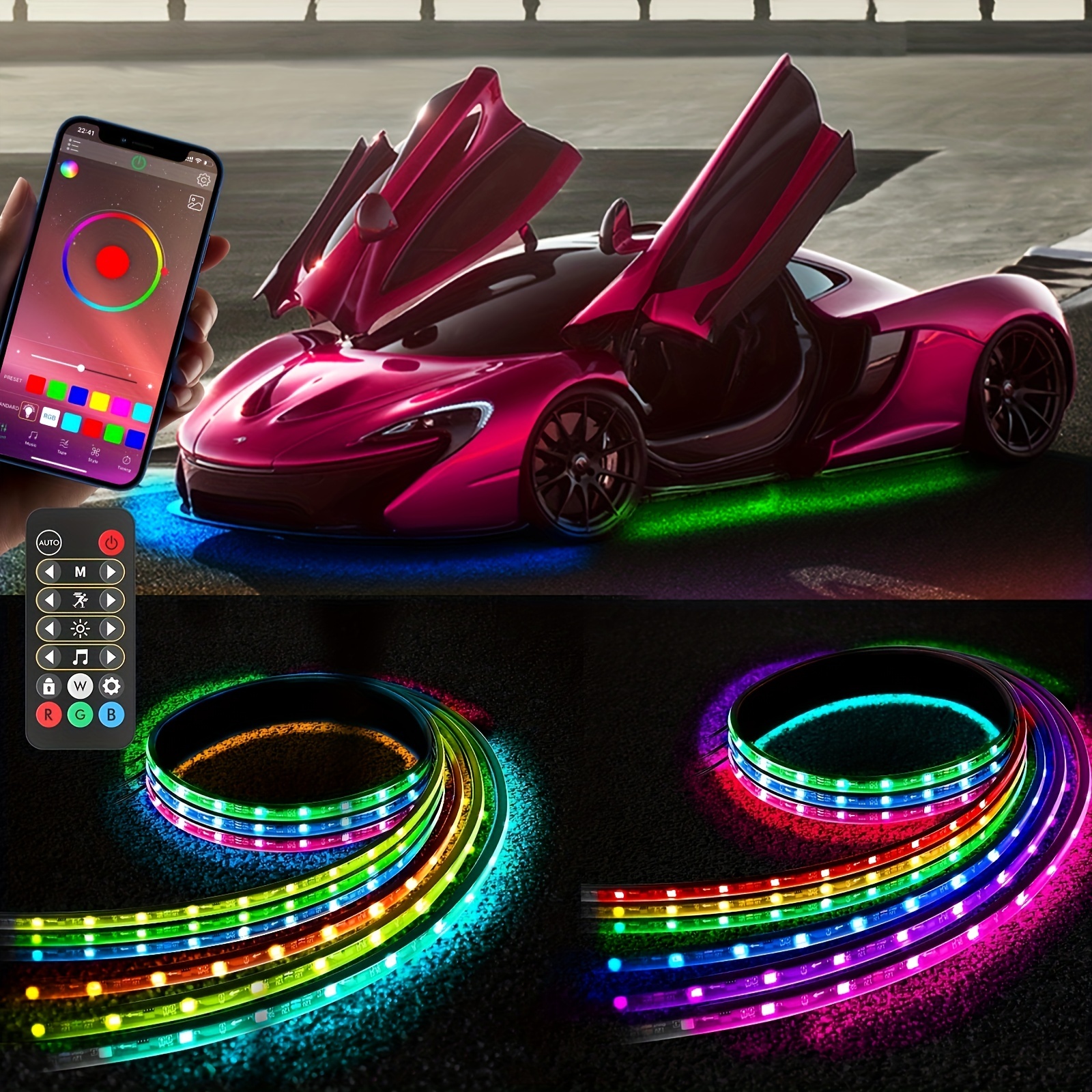 Auto-Unterboden-Neon-Akzent-Streifen-Licht-Kit 8 Farbe Sound-aktive  Funktion und drahtlose Fernbedienung 4 PCs  LED-Unterboden-System-Lichtstreifen
