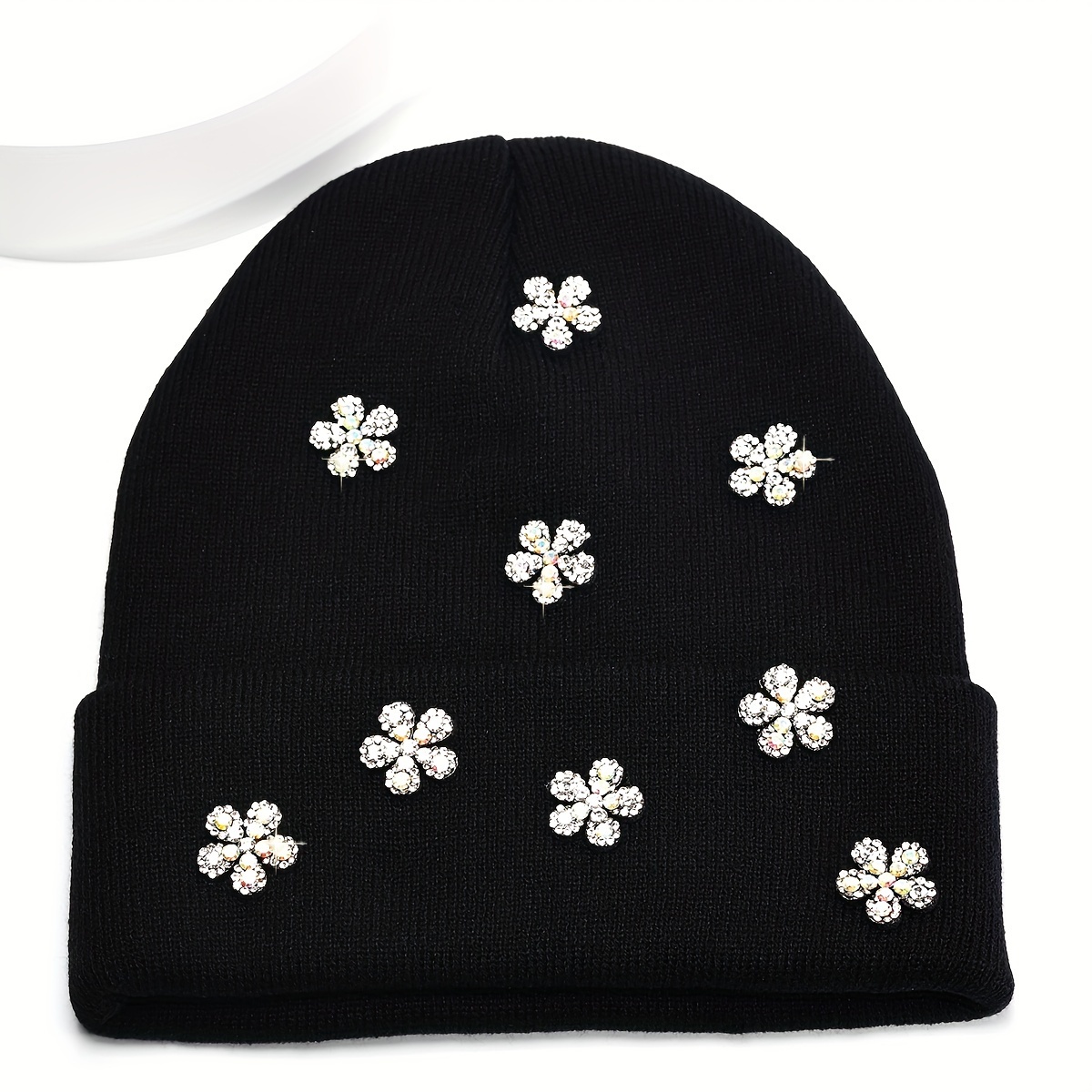 Little Flowers Rhinestone Graphic Beanie Trendy Shiny Black - Temu