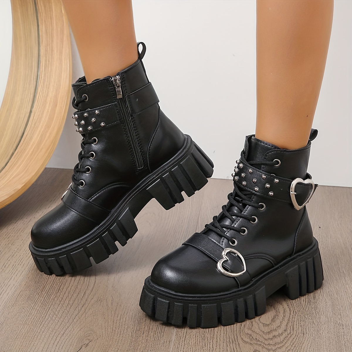 

Women's Solid Color Platform Boots, Side Zipper Round Toe Studded Buckle Decor Thick Pastry Shoes, Versatile Comfy Shoes