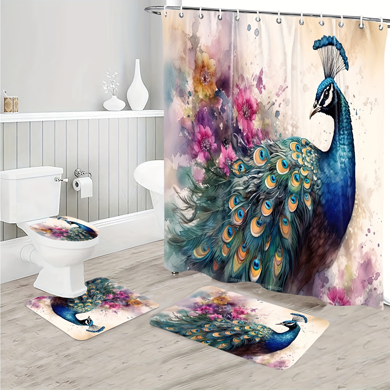 1/3/4pcs Animal Peacock Pattern Bathroom Mats Rugs Set Non-Slip