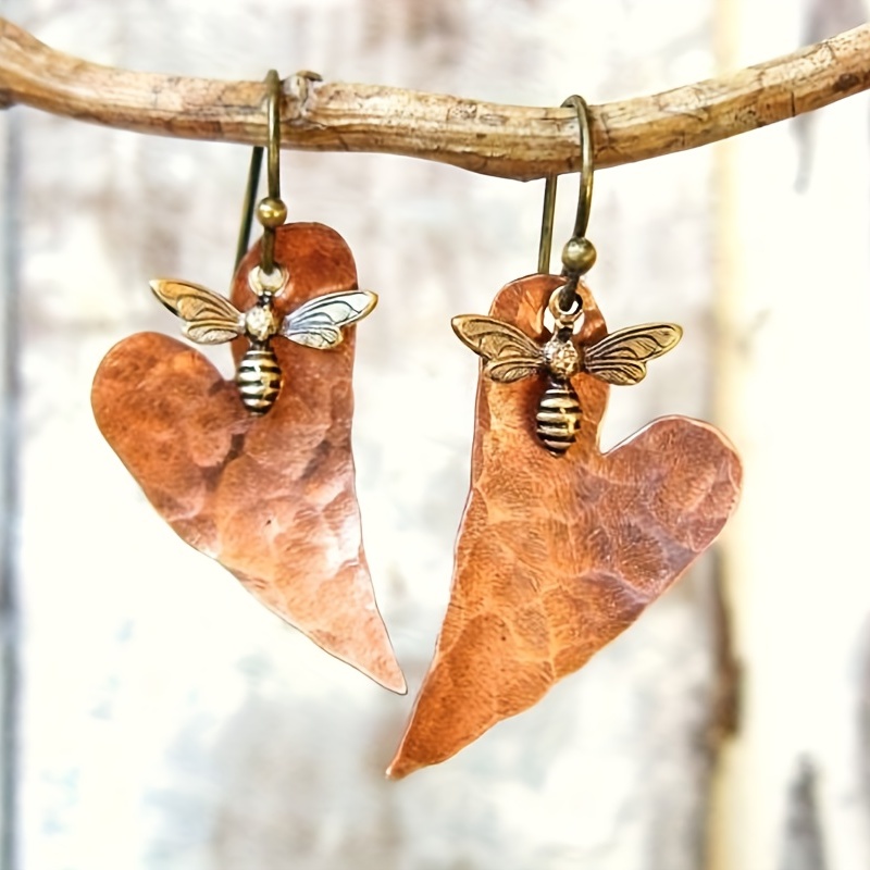 Boho Vintage Heart Leaf & Bee Earrings Golden Tone Copper Jewelry Dangle