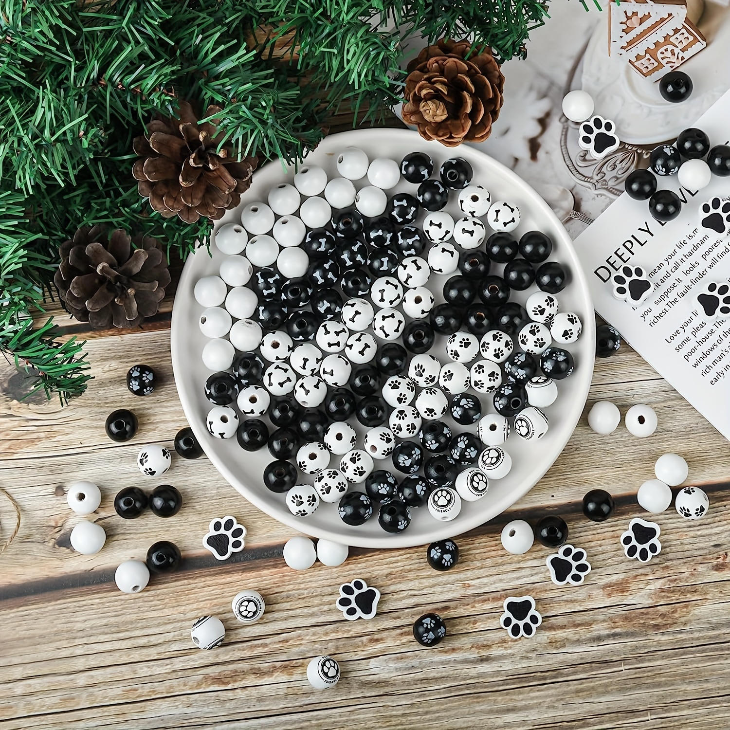 Dog Wood Beads Paw Bone Wooden Beads Black And White Wood - Temu