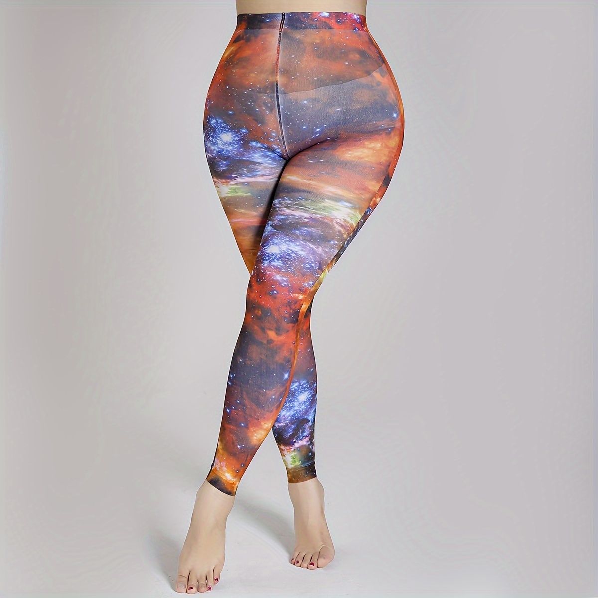 Women's Casual Pantyhose Plus Size Galaxy Print Elastic High - Temu