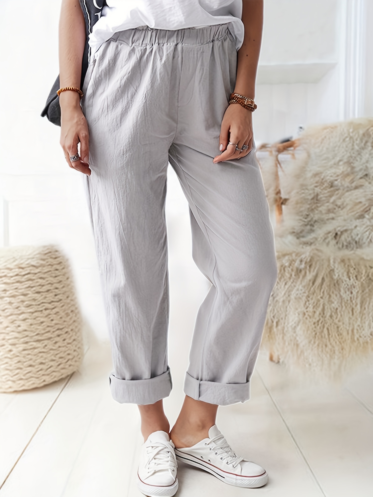 Plus Size Casual Pants Women's Plus Solid Elastic Belted - Temu
