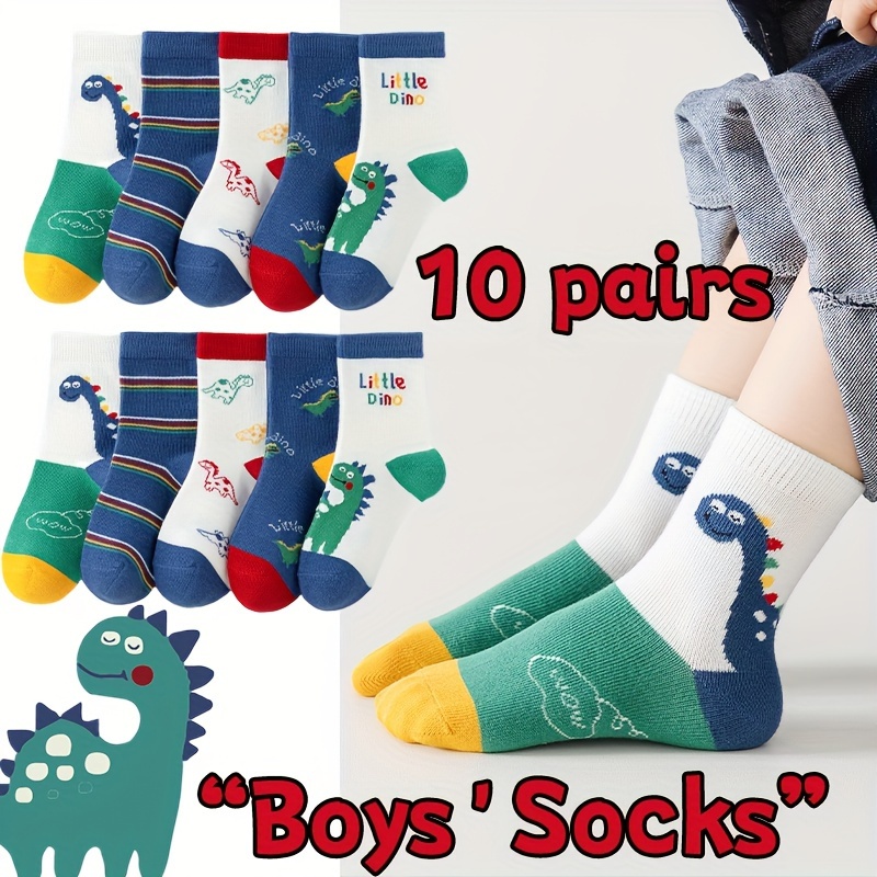 TEMU 10 Pairs Of Boy's Adorable Cartoon Dinosaur Pattern Crew Socks, Comfy Breathable Casual Soft Socks For Kids Outdoor Activities