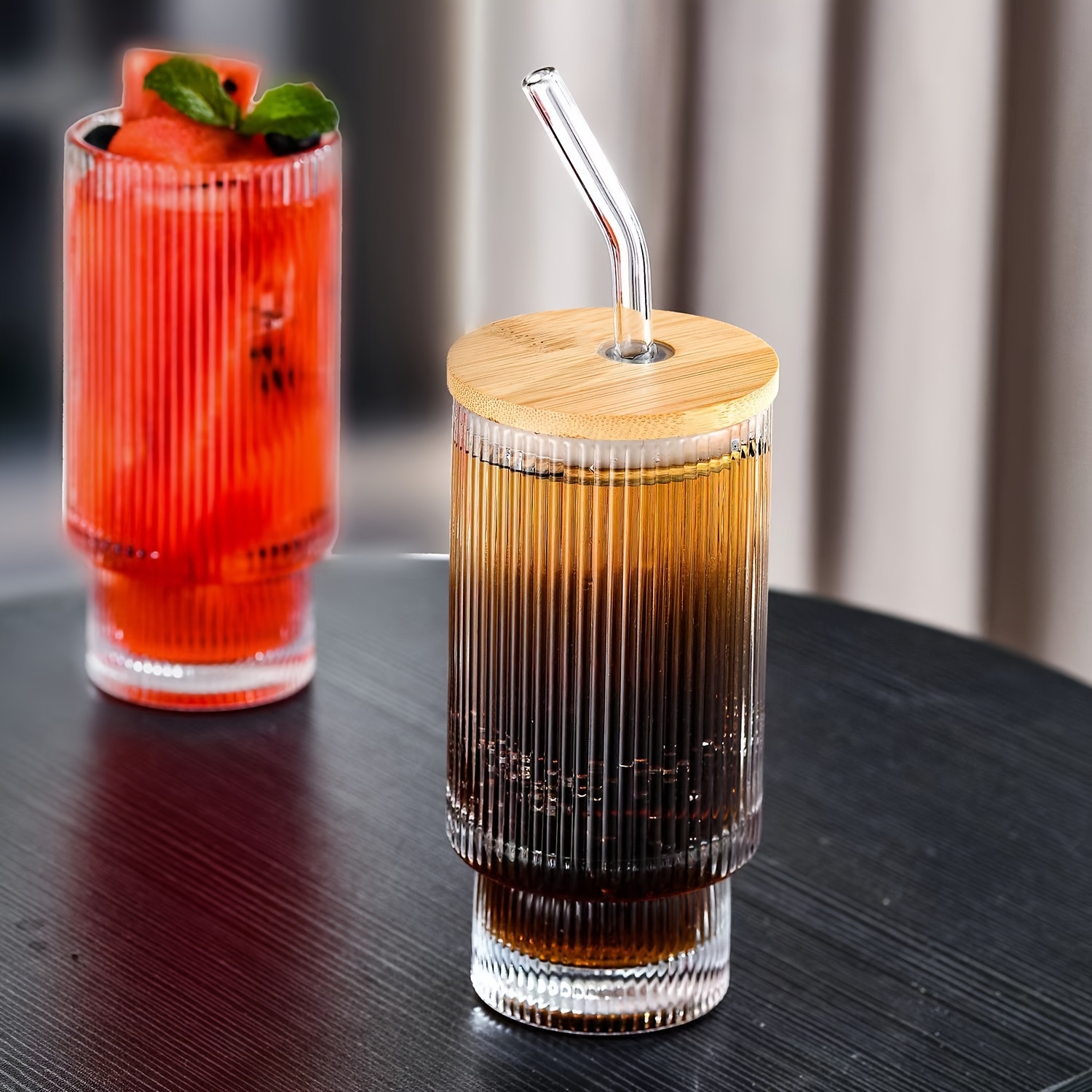 Vertical Stripes Glass Cup Set, Drinking Glasses With Straws, High