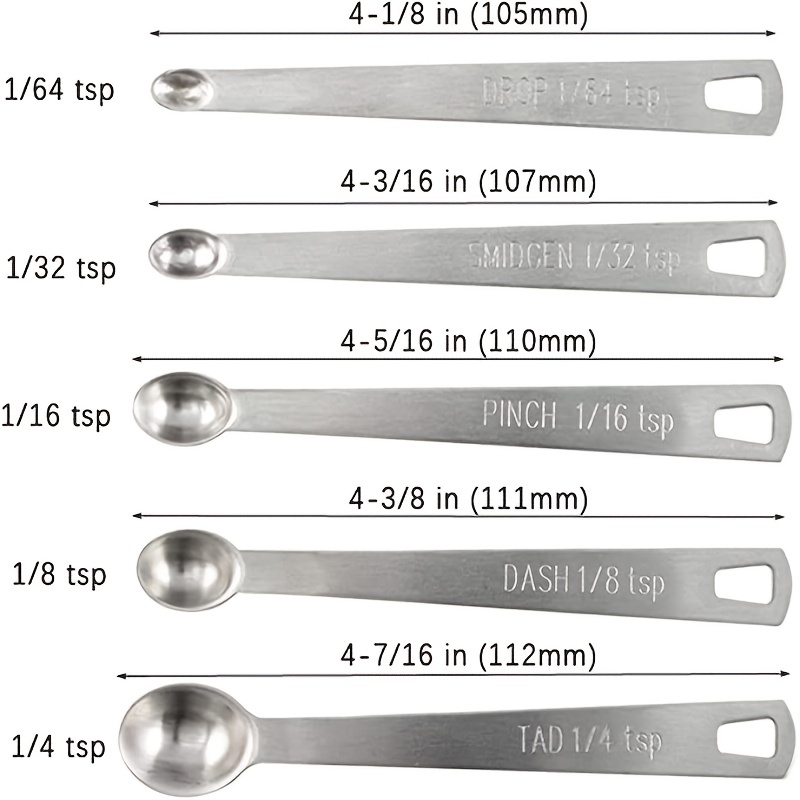 Measuring Spoons Set 5 Pcs Small Stainless Steel Mini Measuring Spoons 1/4 1/8 1/16 1/32 1/64 TSP Dry or Liquid Ingredients Teaspoon Measure Spoon