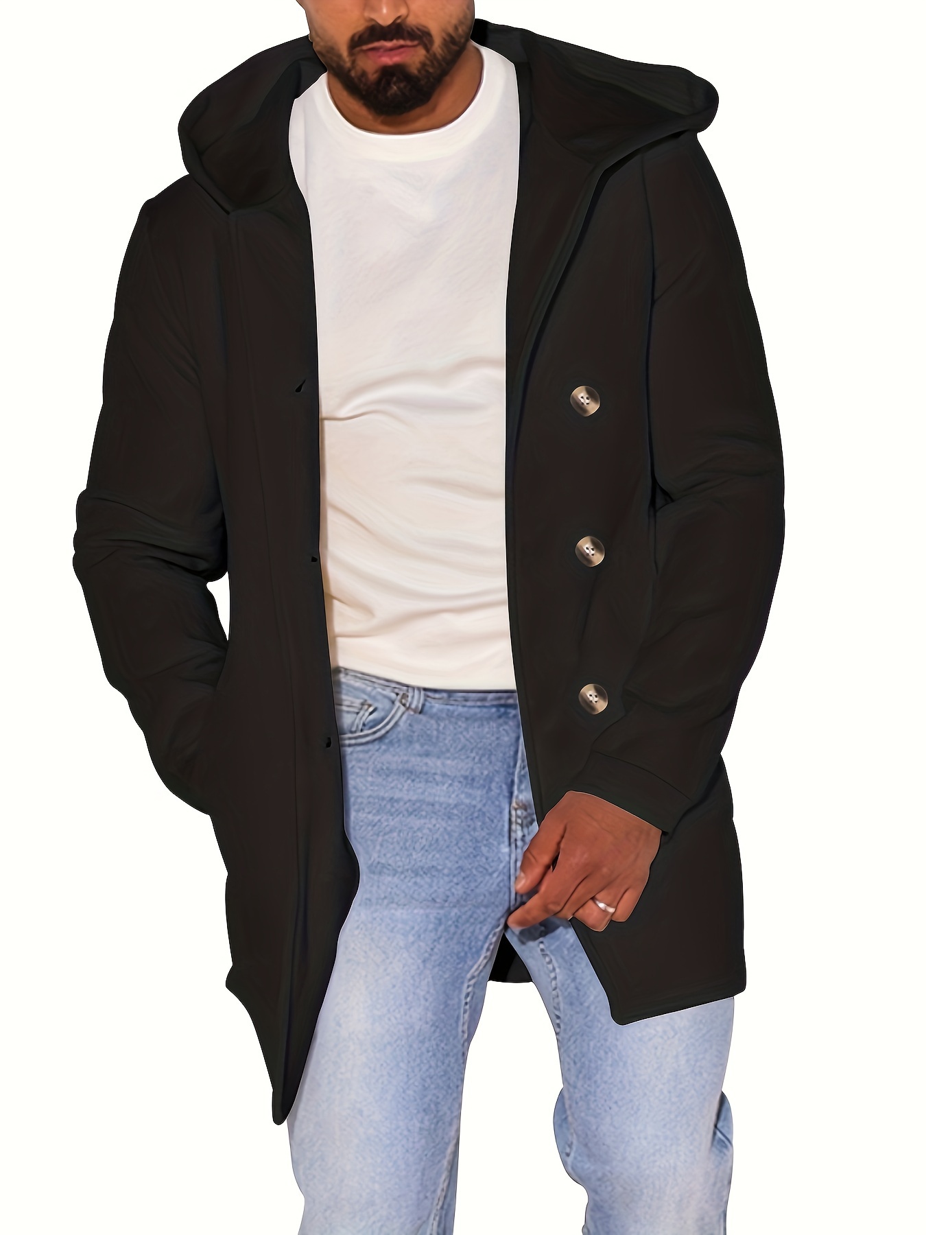 Men's Solid Button Hooded Jacket Thick Thermal Comfy Jacket