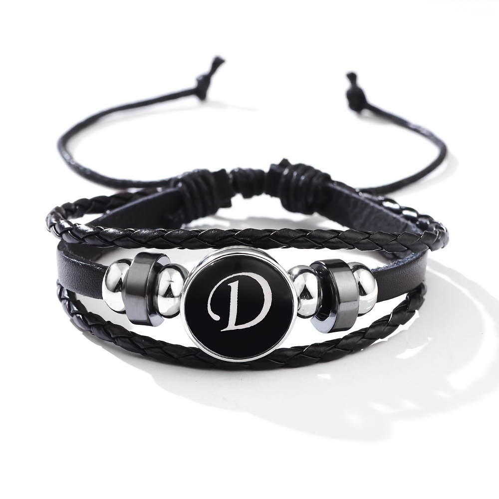 Classic European and American Style Minimalist Bracelet,  and Fashionable 26 English Letters Woven PU Leather Black Onyx Bracelet Jewelry
