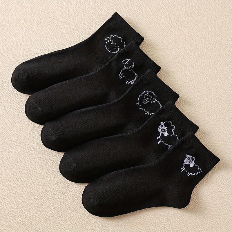 

5 Pairs Cartoon Lamb Print Socks, Cute & Breathable Short Socks, Women's Stockings & Hosiery